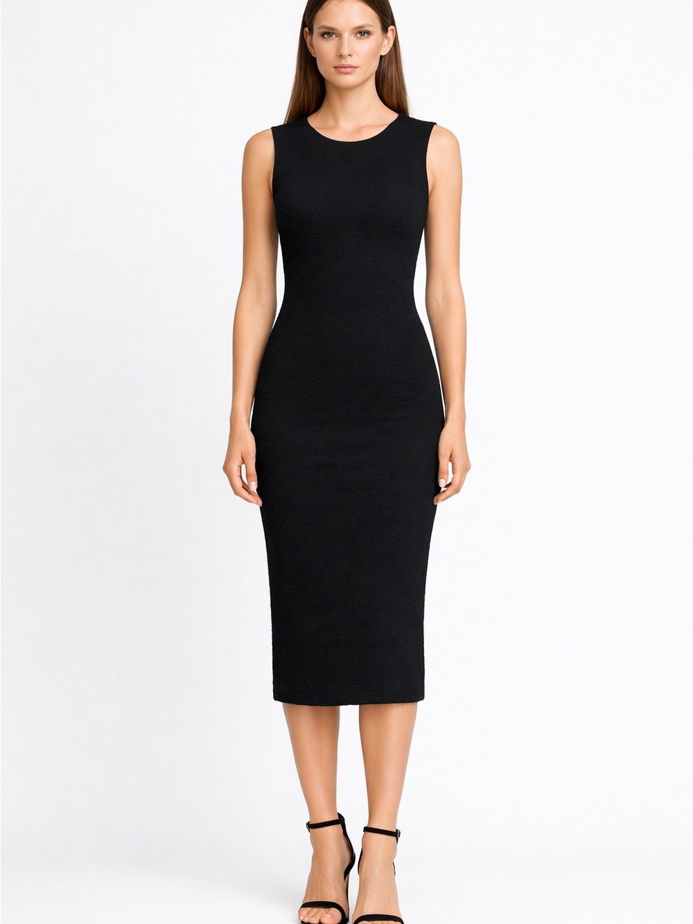 Sleeveless Black Midi Crinkle Sheath Dress